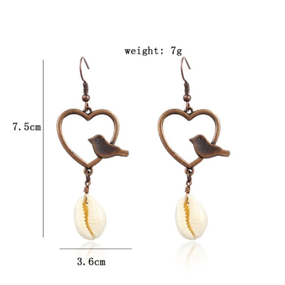 Bronze Bird Heart Cowrie Shell Drop Earrings - Picture 5 of 8